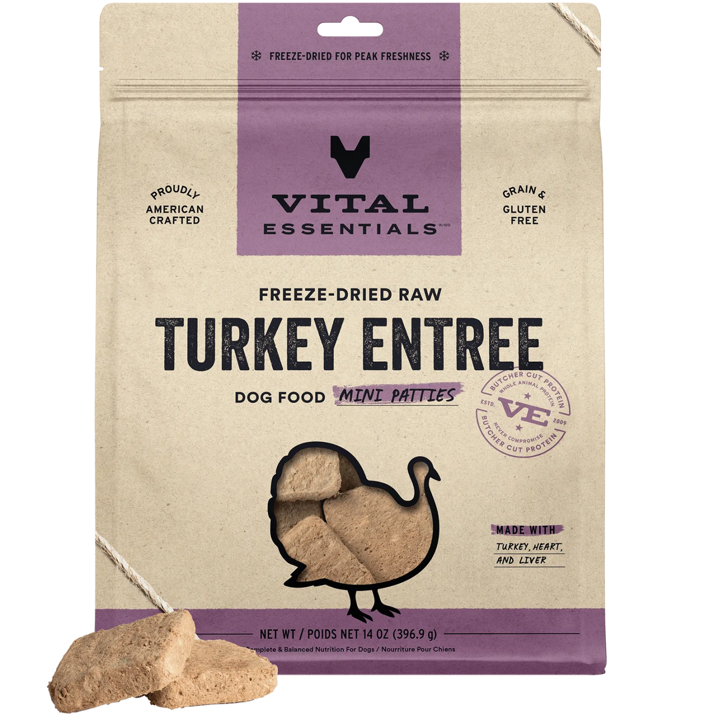 Vital Essentials Freeze-Dried Raw Turkey Entree Mini Patties Dog Food, 14 oz