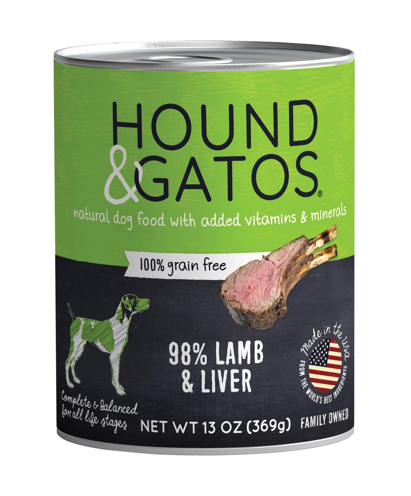 Hound & Gatos 98% Lamb & Liver Grain-Free Canned Dog Food, 13-oz